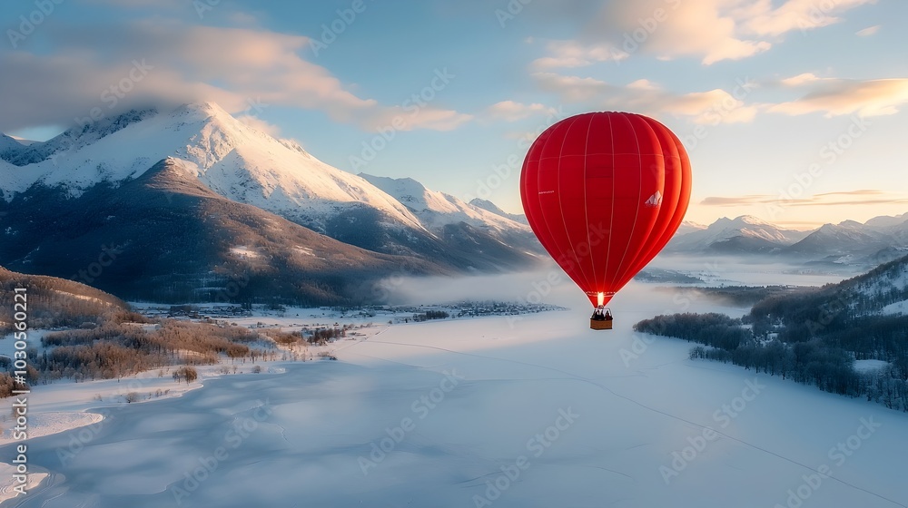 Embark on a thrilling hot air balloon adventure over a breathtaking snowy winter landscape Embark on a thrilling hot air balloon adventure over a breathtaking snowy winter landscape