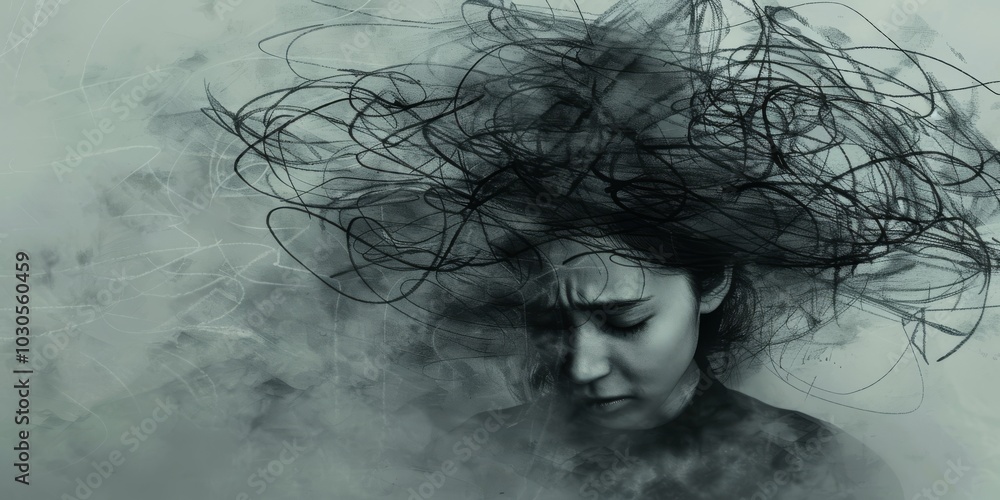 Fototapeta premium A woman is depicted with a somber expression, her head seemingly burdened by a tangle of abstract lines symbolizing overwhelming thoughts or emotions.