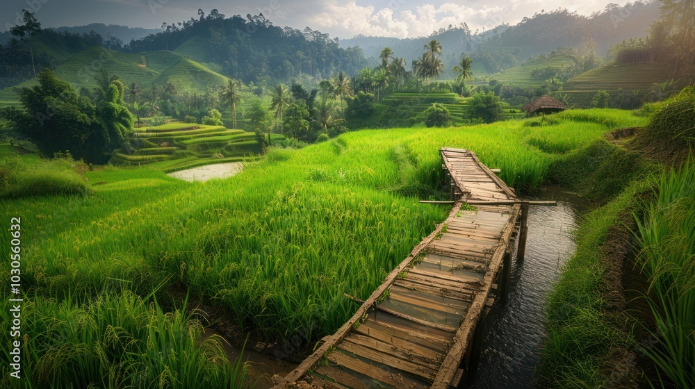 Wooden Bridge Leading to Green Rice Terraces Wooden Bridge Leading to Green Rice Terraces