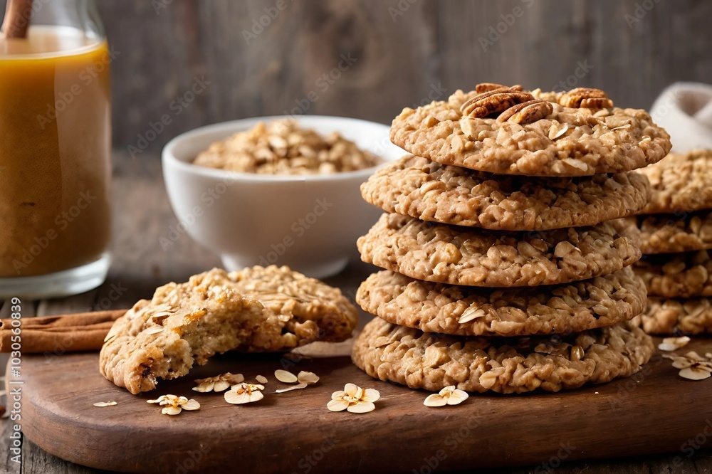 Homemade oatmeal cookies stacked appetizingly on rustic wooden board Homemade oatmeal cookies stacked appetizingly on rustic wooden board