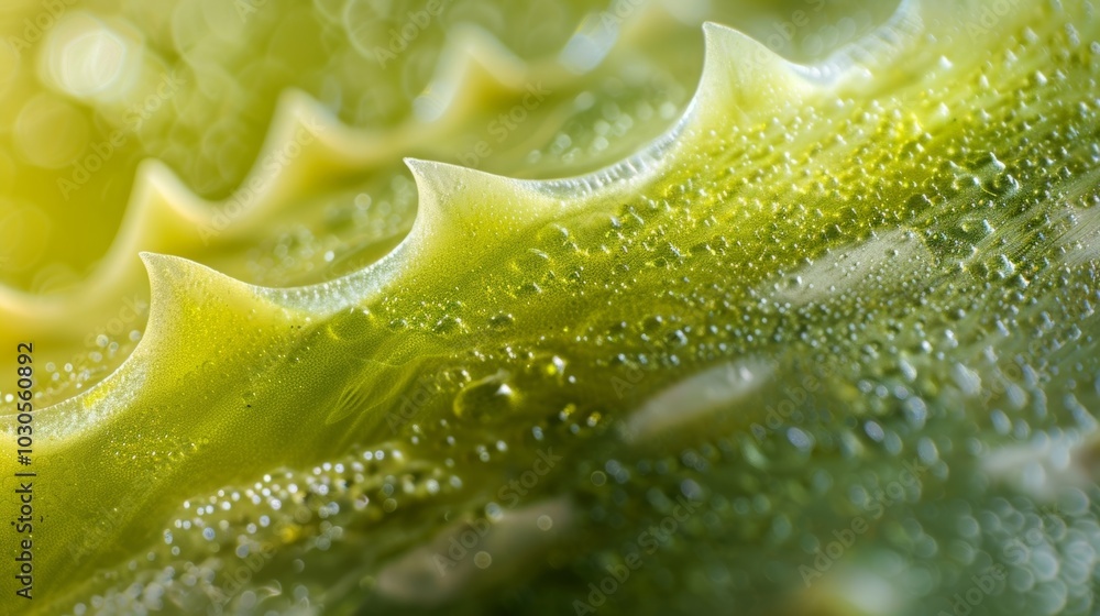 A macro shot of a small section of a luscious green aloe vera leaf highlighting its bumpy and gellike texture. A macro shot of a small section of a luscious green aloe vera leaf highlighting its bumpy and gellike texture.