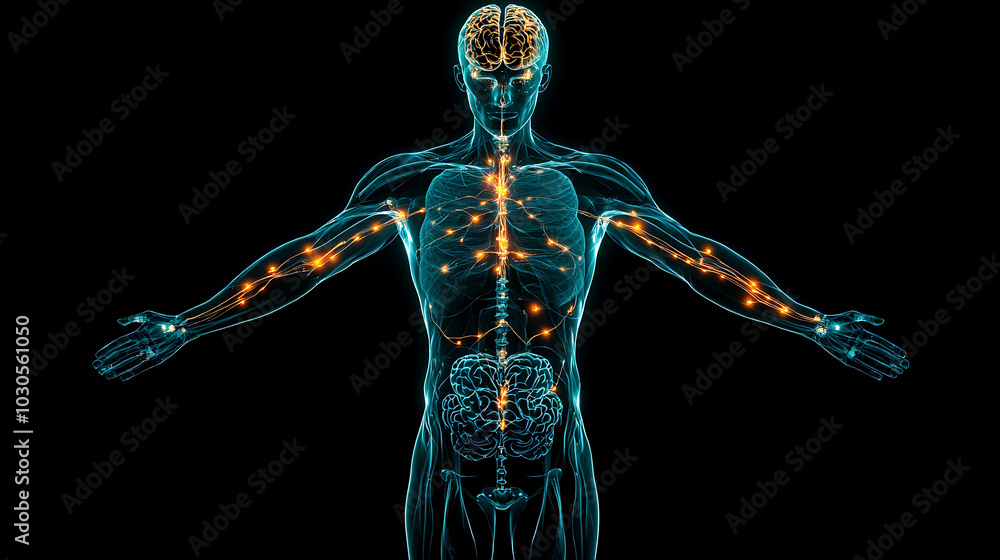 A futuristic rendering of the human brain suspended in a transparent body, with glowing neural pathways connecting to the body’s major organs, symbolizing a modern anatomy A futuristic rendering of the human brain suspended in a transparent body, with glowing neural pathways connecting to the body’s major organs, symbolizing a modern anatomy