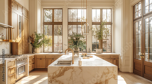 Organic traditional kitchen with antique brass accents and large marble island in a bright home with many windows and warm color palette. photo