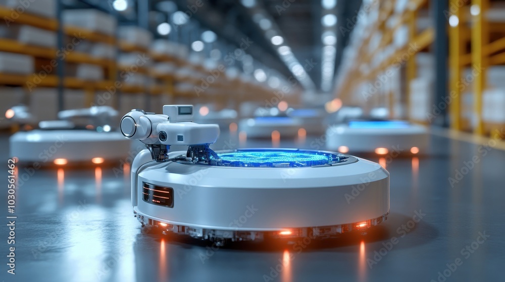 AI-driven logistics robots, seamless warehouse operations, cyberpunk warehouse AI-driven logistics robots, seamless warehouse operations, cyberpunk warehouse