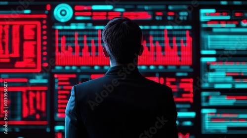 Person observing data analysis on futuristic digital screens.