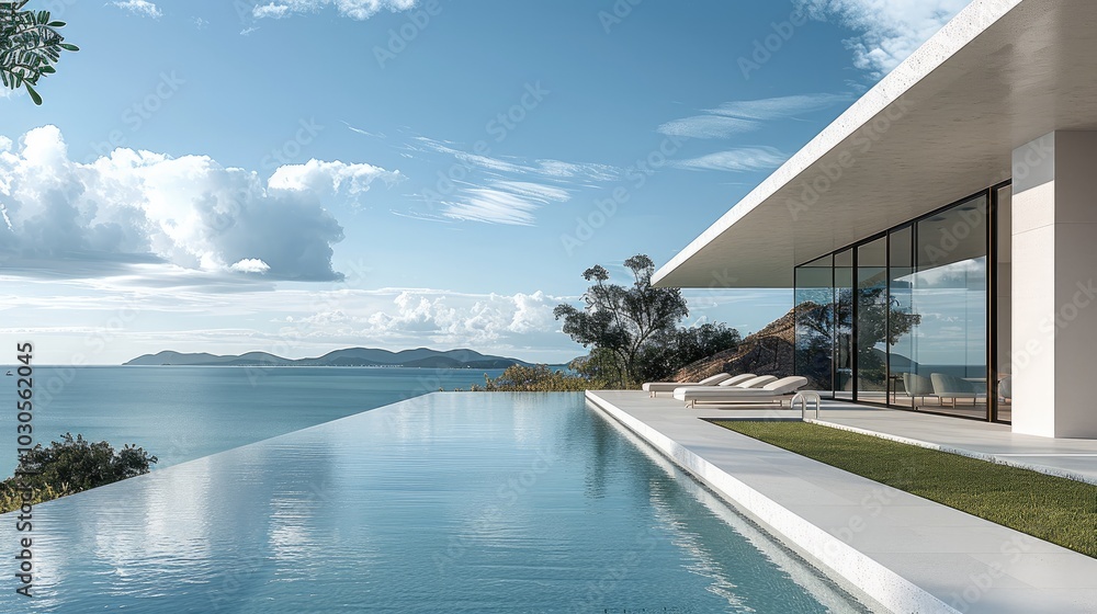 Fototapeta premium A modern infinity pool overlooking the sea, with large windows and flat roof tiles. The light grey limestone floor leads to a grassy lawn, showcasing the contemporary architecture.