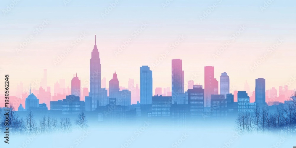 Fototapeta premium Stunning City Skyline at Sunrise: A Visual Journey through Urban Architecture and Colorful Silhouettes