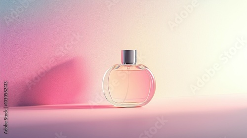 A beautifully designed glass perfume bottle sits on a soft gradient background, highlighting its elegant shape and color. A stylish product display.