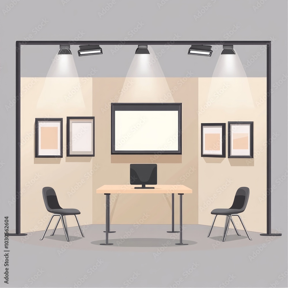 Fototapeta premium A minimalist office setup featuring a desk, computer, and chairs under spotlighting.