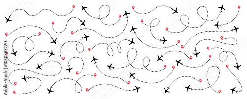 Set of airplane routes in dashed line trace. Plane route lines of aircraft tracking, location pins, planes, travel, map pins on white background. Vector illustration for infographic, map, track