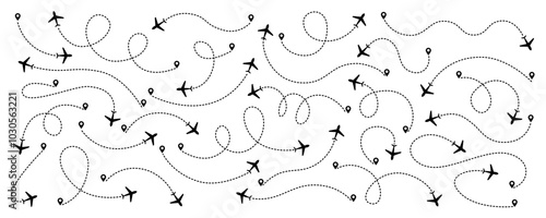 Set of airplane routes in dashed line trace. Plane route lines of aircraft tracking, location pins, planes, travel, map pins on white background. Vector illustration for infographic, map, track