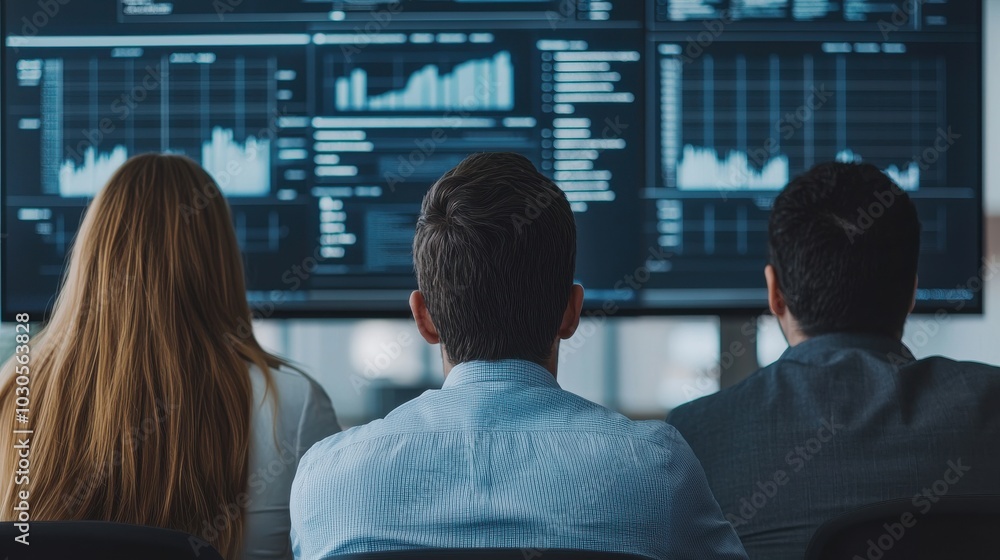 © nattapon98 - Team analyzing data trends on large screens in a modern office setting, focusing on business growth and performance metrics.