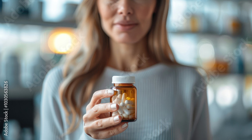 A woman holding a small bottle of weight-loss pills, looking determined and focused. The background is blurred with soft lighting, emphasizing the product and her expression. photo