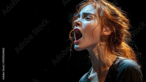 A young woman with red hair screams with her mouth open, her eyes wide with fear. The background is black, giving the image a dark and dramatic feel. photo