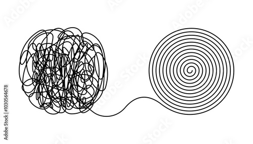 Chaos, tangle and untangle continuous one line drawing. Brainstorming, mental health, psychology, balance in linear vector illustration. Icon for web design, card, banner, flyer