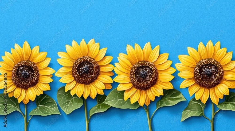 A watercolor landscape of sunflowers in a field, with a bright blue sky above, isolated on white background A watercolor landscape of sunflowers in a field, with a bright blue sky above, isolated on white background