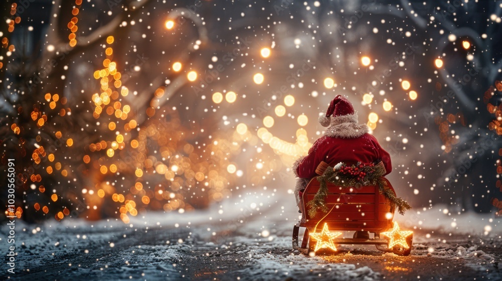 Santa on wooden sled with twinkling lights in snowy winter wonderland Santa on wooden sled with twinkling lights in snowy winter wonderland