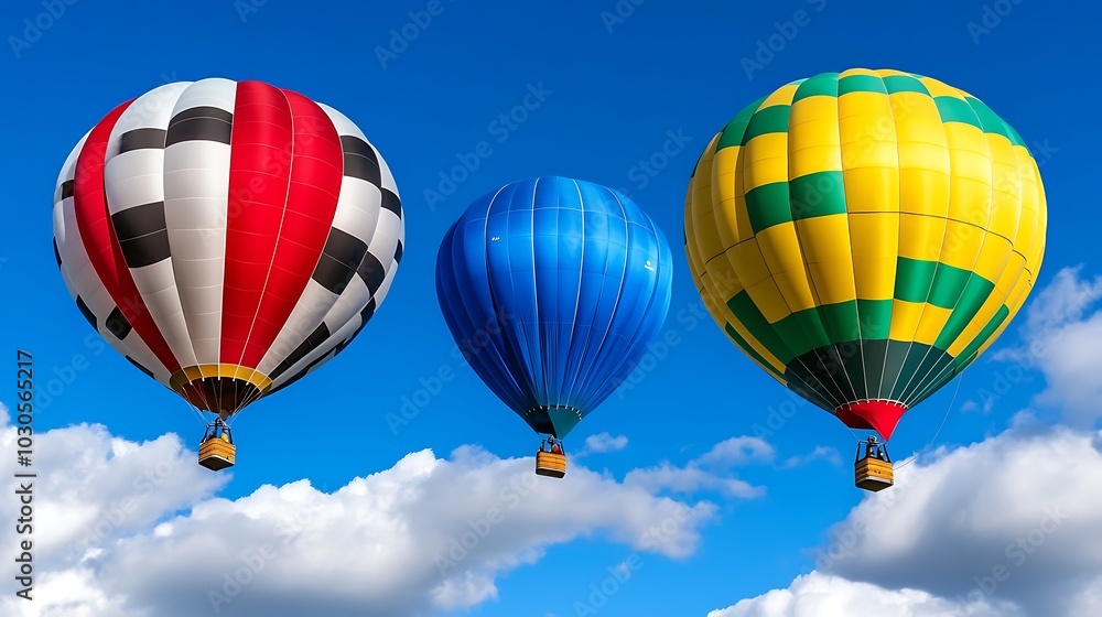 Obraz premium Colorful Hot Air Balloons Flying in a Blue Sky with White Clouds