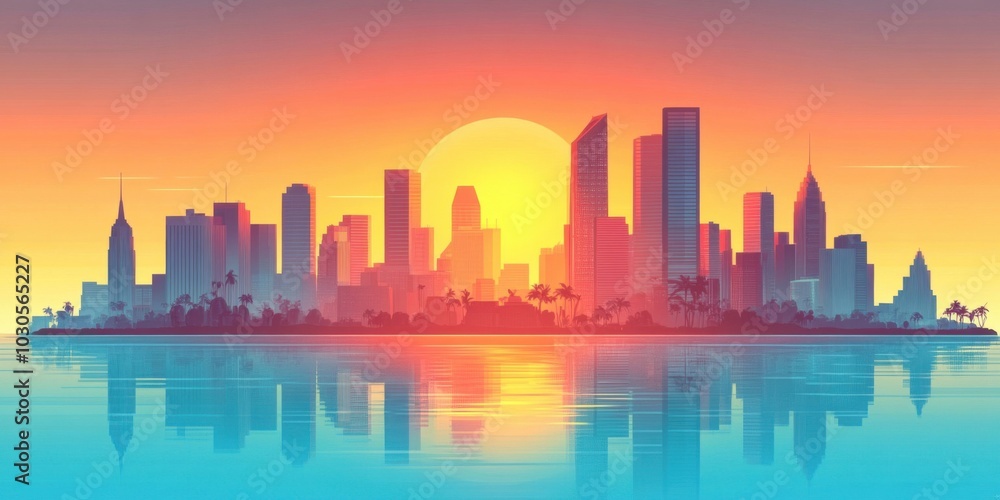 Vibrant City Skyline at Sunset with Beautiful Reflections: A Tropical Urban Landscape
