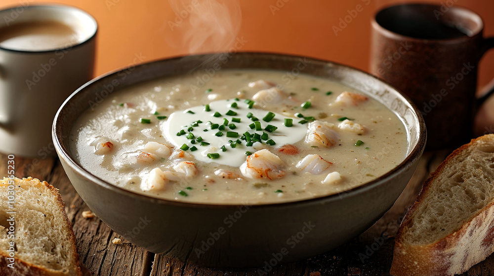 Creamy shrimp soup with herbs and bread. Creamy shrimp soup with herbs and bread.