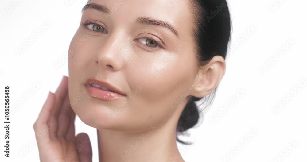 A close-up sequence of a young woman gently touching her face with closed eyes, highlighting healthy, glowing skin. Perfect for beauty, skincare, or wellness campaigns promoting radiant skin. A close-up sequence of a young woman gently touching her face with closed eyes, highlighting healthy, glowing skin. Perfect for beauty, skincare, or wellness campaigns promoting radiant skin.