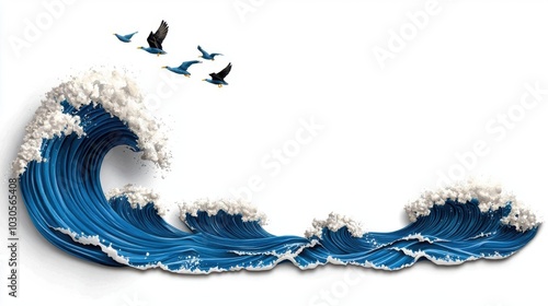 A watercolor painting of birds flying over a stormy ocean, with crashing waves, isolated on white background