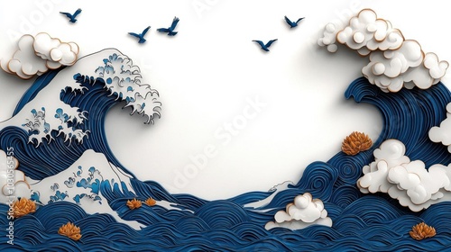 A watercolor painting of birds flying over a stormy ocean, with crashing waves, isolated on white background