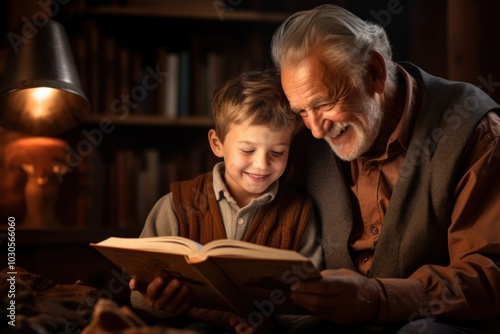 Grandfather and grandson reading book publication child men.