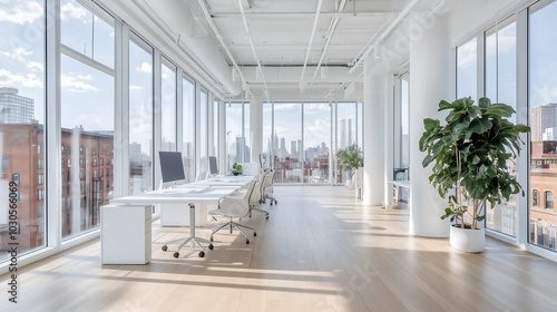 A wide, open white office space