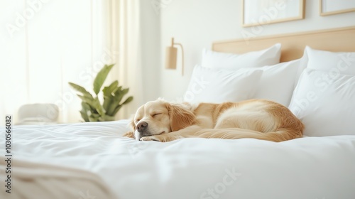 A cute dog sleeps peacefully on a white bed with soft pillows and a plant in the background.