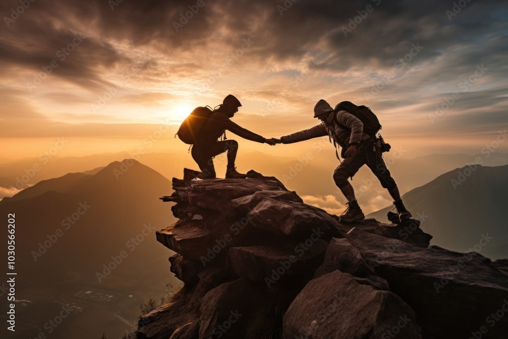 Fototapeta premium Man help his friend recreation adventure mountain.
