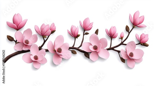 A watercolor painting of magnolia flowers blooming on a tree branch, isolated on white background