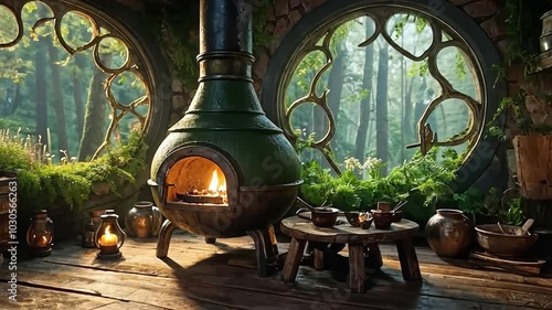 A Cozy HobbitLike Interior Nestled Within a Serene Forest Setting photo