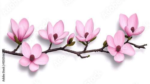Fototapeta Naklejka Na Ścianę i Meble -  A watercolor painting of magnolia flowers blooming on a tree branch, isolated on white background