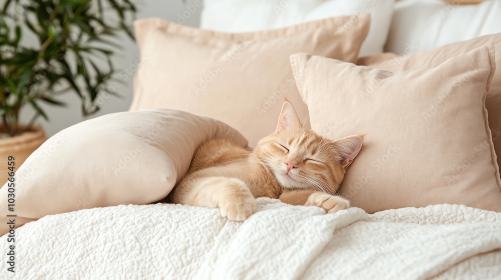 A ginger cat naps peacefully on a bed with soft, beige pillows and a white blanket. A ginger cat naps peacefully on a bed with soft, beige pillows and a white blanket.