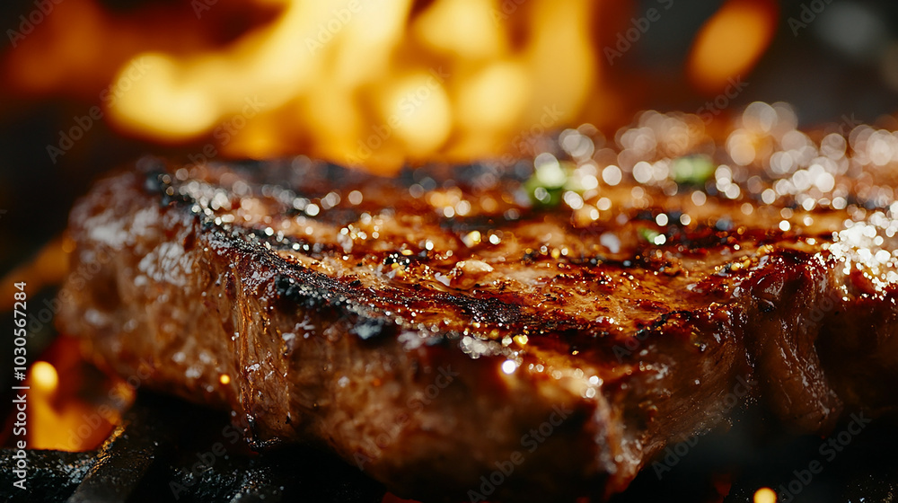 Juicy bone-in meat with a charred crust, close-up Juicy bone-in meat with a charred crust, close-up