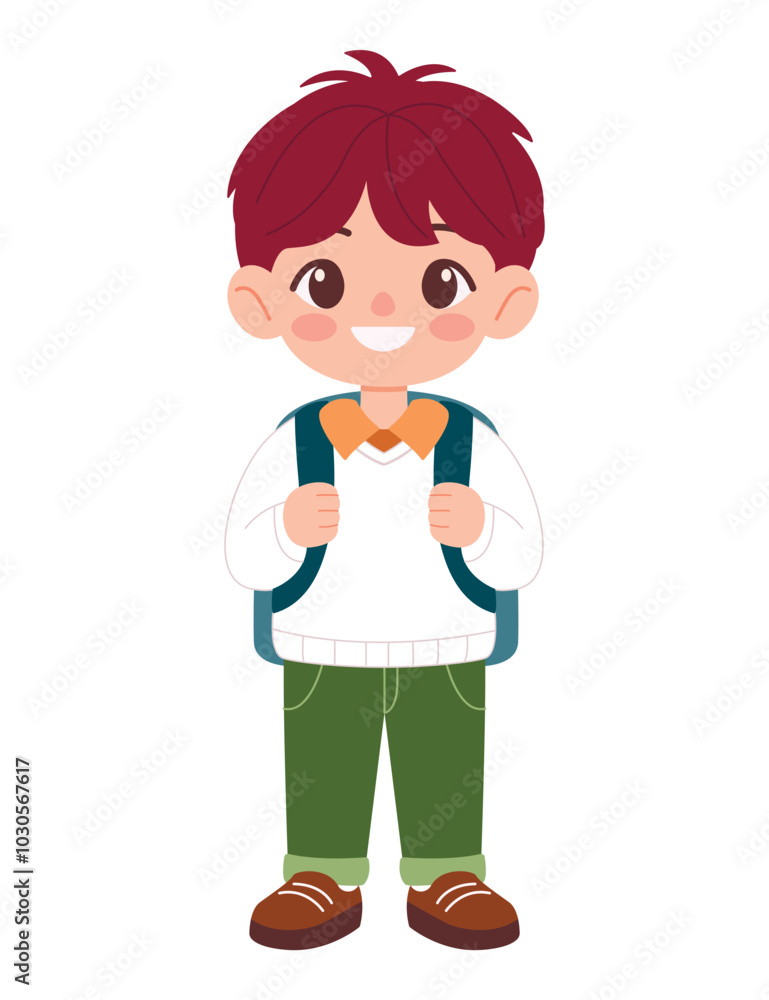 Little schoolboy with backpack isolated on white background. Flat vector illustration. Education theme Little schoolboy with backpack isolated on white background. Flat vector illustration. Education theme
