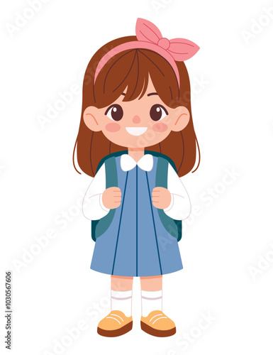 Little schoolgirl with backpack isolated on white background. Flat vector illustration. Education theme
