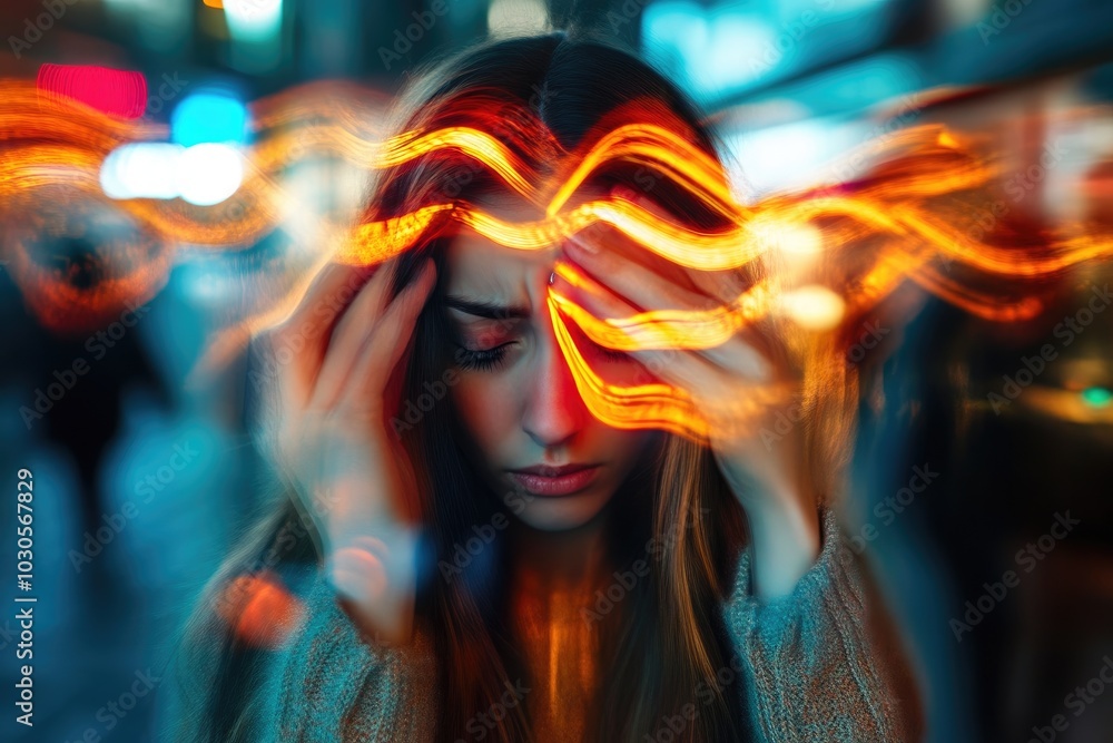 A Woman's Battle with Migraine in a Vibrant City A Woman's Battle with Migraine in a Vibrant City