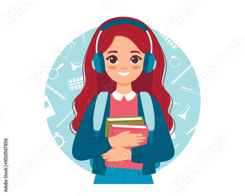 Smiling female student character in headphones holding stack of book in her hands.