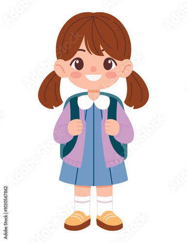 Little schoolgirl with backpack isolated on white background. Flat vector illustration. Education theme