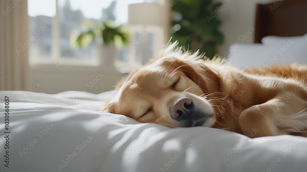 Obraz premium A golden retriever dog sleeps soundly on a white bed, with a window and plant in the background.