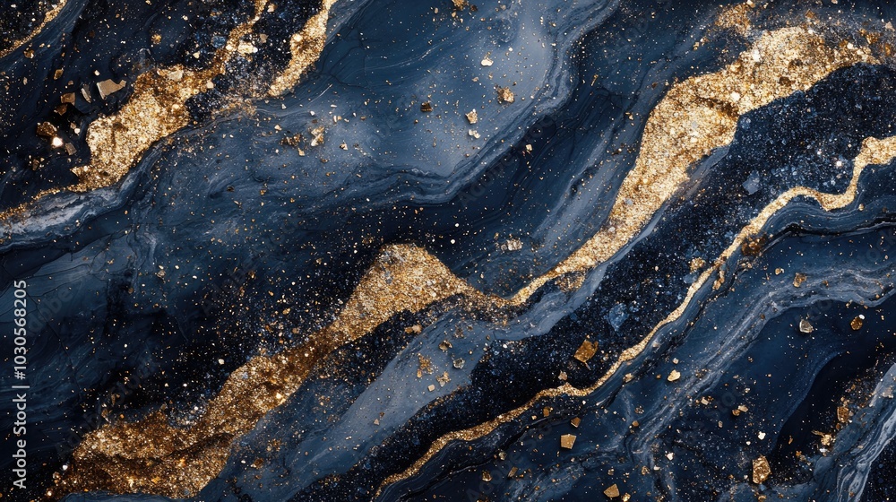 Close-up of navy stone and crystal textures, sparkling with golden particles and shimmering lights, ideal for a luxurious design mockup. Close-up of navy stone and crystal textures, sparkling with golden particles and shimmering lights, ideal for a luxurious design mockup.