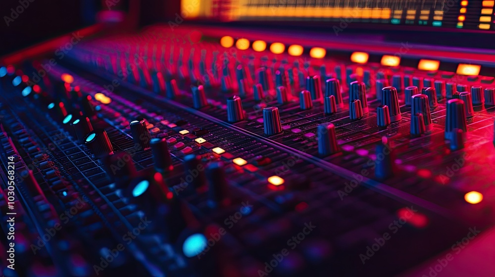 Close-up shot of an audio mixing console with glowing lights and faders, perfect for music recording or broadcast studio settings.