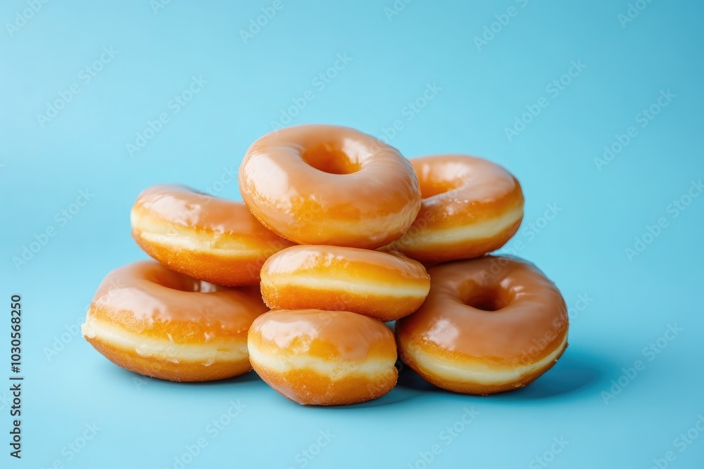 Mouthwatering Glazed Donuts: Close-Up with a Touch of Blue Mouthwatering Glazed Donuts: Close-Up with a Touch of Blue