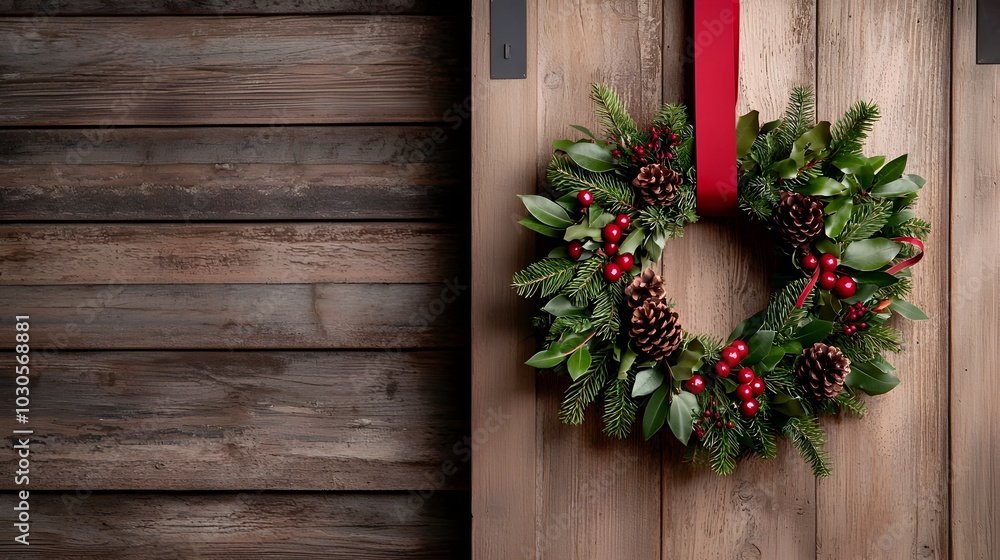 Beautifully crafted holiday wreath made of fragrant evergreen branches natural pine cones and vibrant ribbons hanging on a rustic wooden door to welcome guests for the festive season Beautifully crafted holiday wreath made of fragrant evergreen branches natural pine cones and vibrant ribbons hanging on a rustic wooden door to welcome guests for the festive season