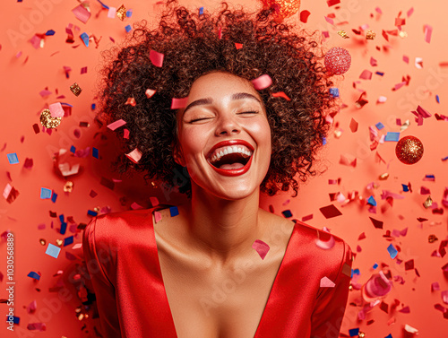 A woman in a red dress is smiling and laughing while surrounded by confetti