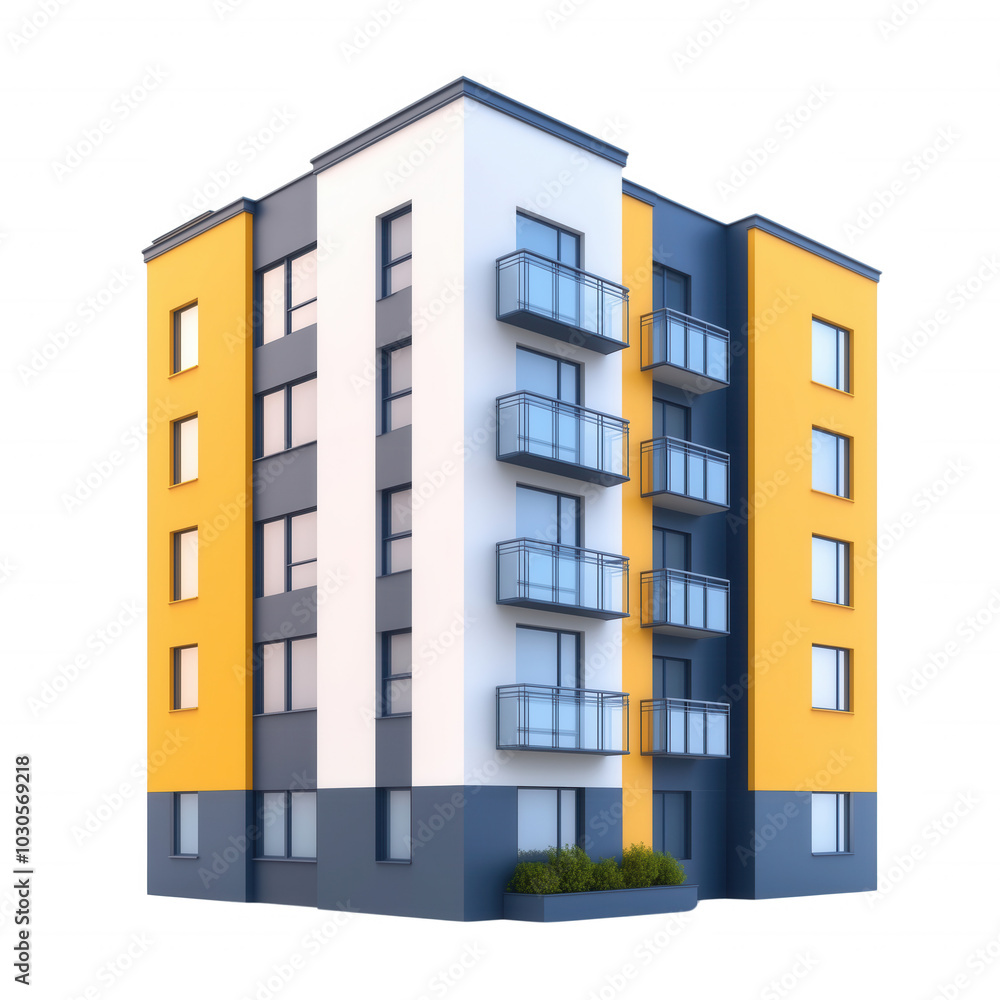 Modern apartment building with balconies and colorful facade, isolated on transparent background Modern apartment building with balconies and colorful facade, isolated on transparent background