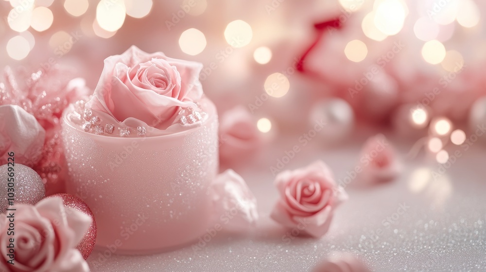 A soft pink candle adorned with rose decorations, surrounded by delicate ornaments and a dreamy background. A soft pink candle adorned with rose decorations, surrounded by delicate ornaments and a dreamy background.