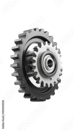 Metal gearwheel on a white isolated background, representing manufacturing and mechanical engineering.